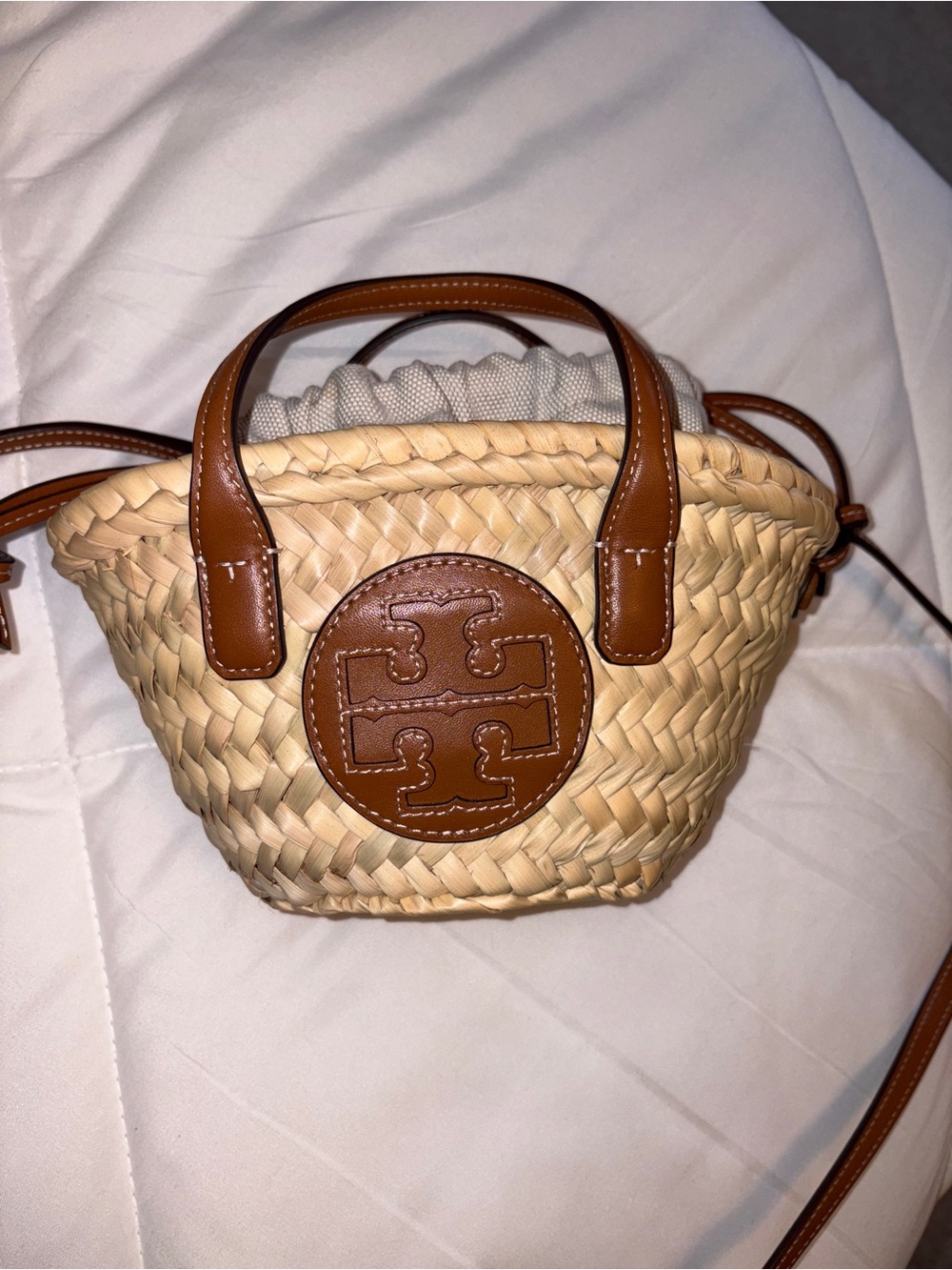 Tory Burch Natural Straw Mini Tote with Brown Leather Trim